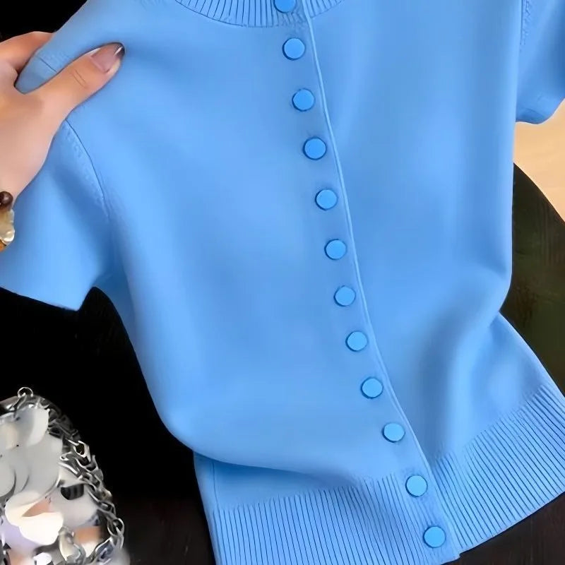 Oceanic Blue Lightweight Knit Cardigan For Women With Breezy Short Sleeves And Loose Fit Layering