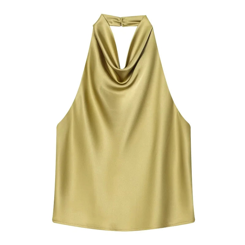 Elegant Satin Backless Halter Top For Women Off Shoulder