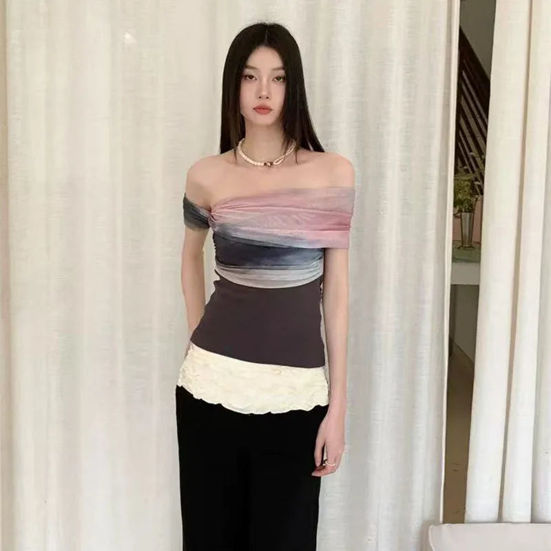 Bold Tie Dye Mesh Crop Top With Slash Neck And Patchwork