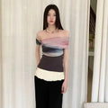 Bold Tie Dye Mesh Crop Top With Slash Neck And Patchwork