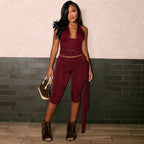 Halter Crop Top two piece Set With Patchwork Pants