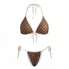 Women 2 Pieces Bikini Swimsuits Dots Print Tie-Up Halter Sleeveless Padded Bra Thong Bottoms