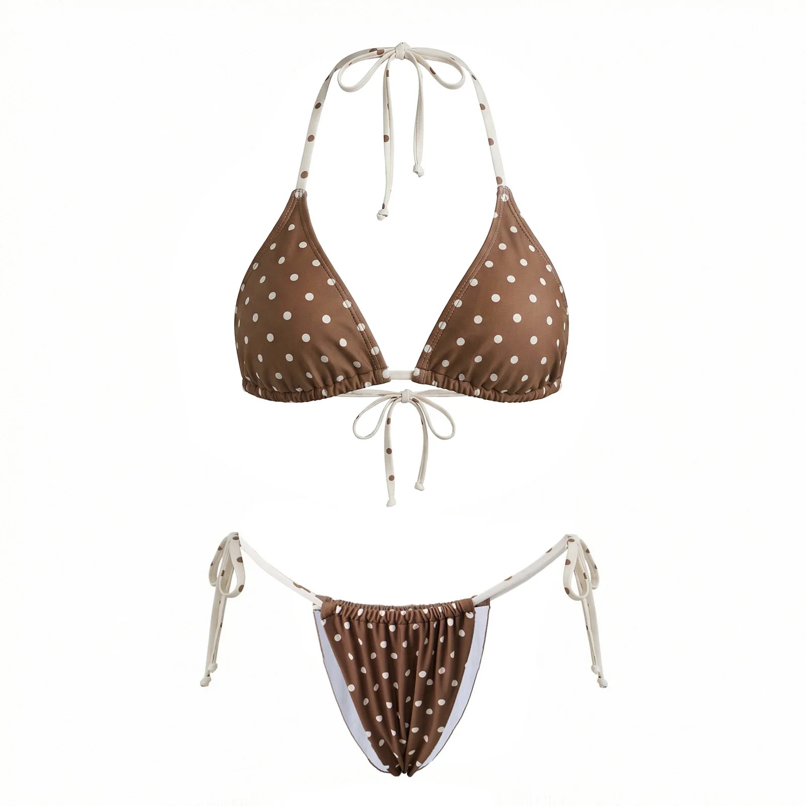 Women 2 Pieces Bikini Swimsuits Dots Print Tie-Up Halter Sleeveless Padded Bra Thong Bottoms