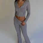 Ribbed Knit Two Piece Tracksuit Set With Hooded Crop Top And Elastic Zippered Pants