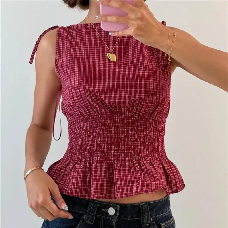 Gingham Tie Shoulder Tank Top With Shirred Ruffle Babydoll Silhouette Vintage Inspired
