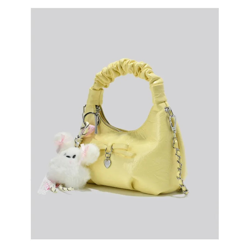 Cloudy Glamour Plush Pendant Shoulder Bag in Glossy Ruched Leather