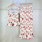 Pleated Red Print High Waist Midi Skirt And Sleeveless