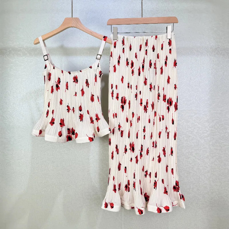 Pleated Red Print High Waist Midi Skirt And Sleeveless