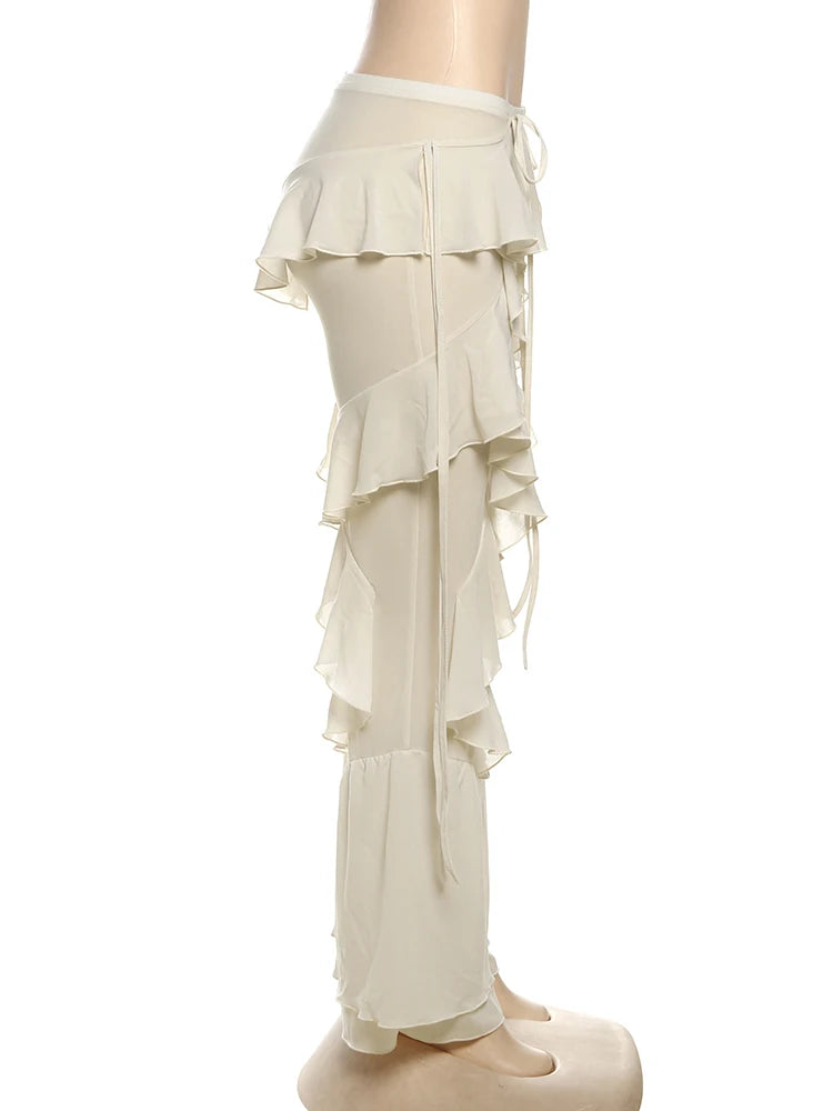 Irregular Tiered Flare Pants With Patchwork See Through