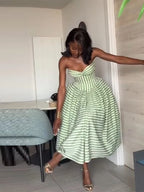 Striped Strapless Maxi Dress With Lace Up Waist Cinching Backless Gown