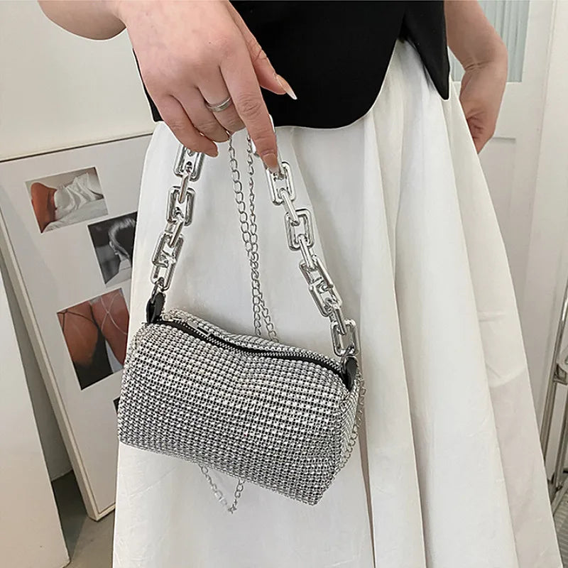 Mini Crossbody Rhinestone Bucket Bag With Glitter Chain Purse