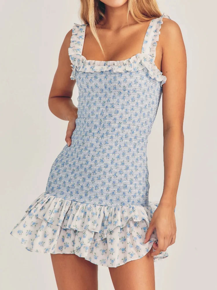 Flower Print Corset Ruched Elastic Body Sling Mini Square Collar Ruffles Hem Dress