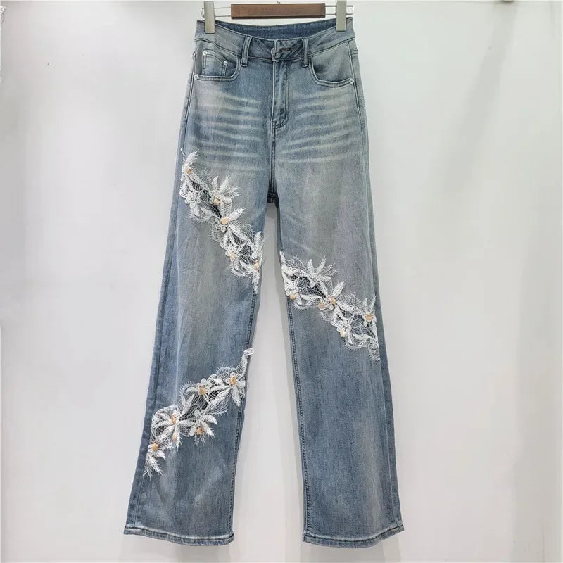 Whimsical Floral Patchwork Lace Denim Jeans With High Waist And Elegant Hollow Out Details
