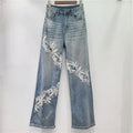 Whimsical Floral Patchwork Lace Denim Jeans With High Waist And Elegant Hollow Out Details