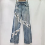 Whimsical Floral Patchwork Lace Denim Jeans With High Waist And Elegant Hollow Out Details