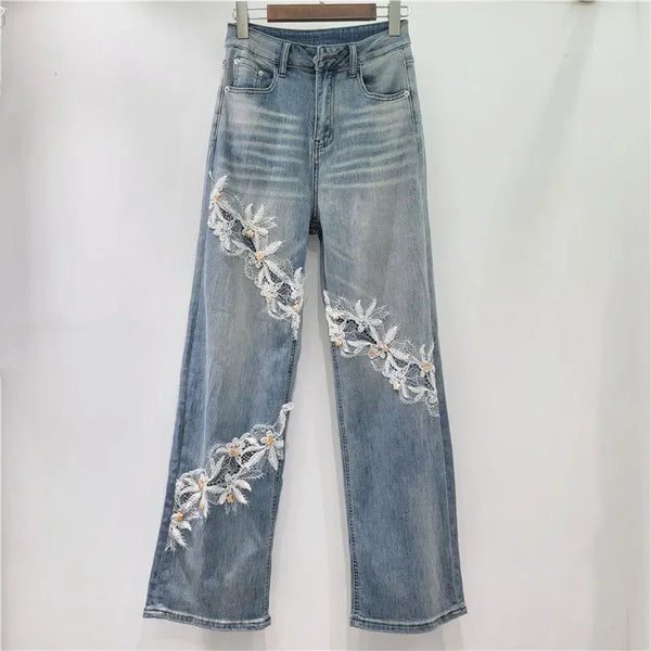 Whimsical Floral Patchwork Lace Denim Jeans With High Waist And Elegant Hollow Out Details