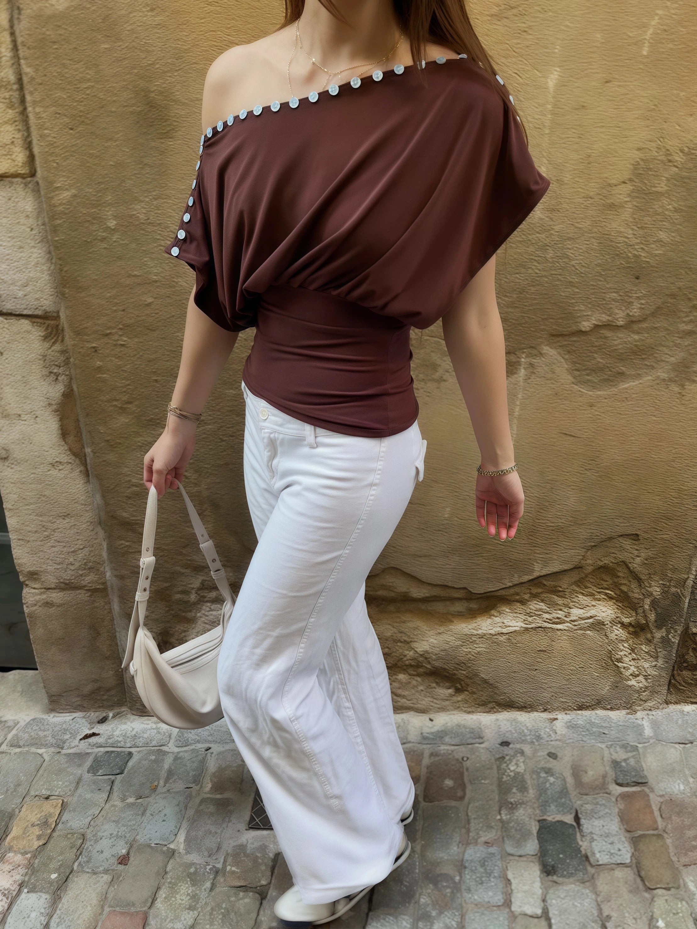 Off Shoulder Button Top Multi Way Wear Slim Fit Cropped