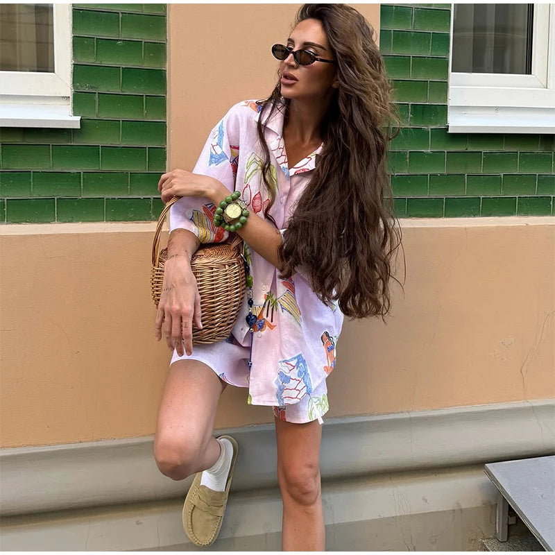 Dreamy Abstract Print Camp Collar Shirt And Shorts Matching Set