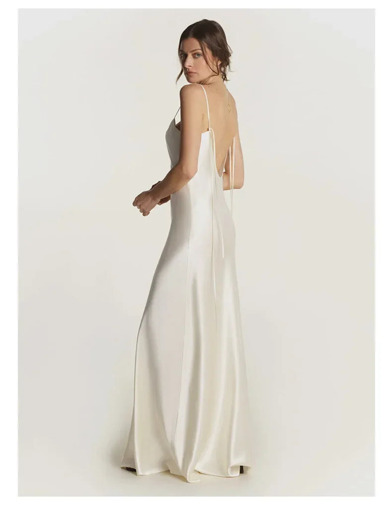 French Real Silk Elegant Women Spaghetti Strap Solid Nightgown