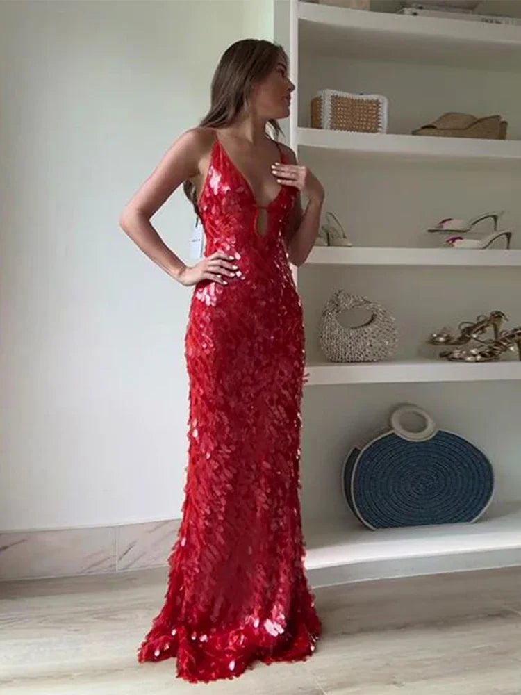 Gleaming Sequined V Neck Maxi Dress Sleeveless Backless High Waist Gown