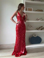 Gleaming Sequined V Neck Maxi Dress Sleeveless Backless High Waist Gown