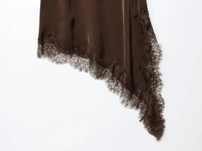 Lace Slip Mini Dress With Satin Backless Asymmetric Cut