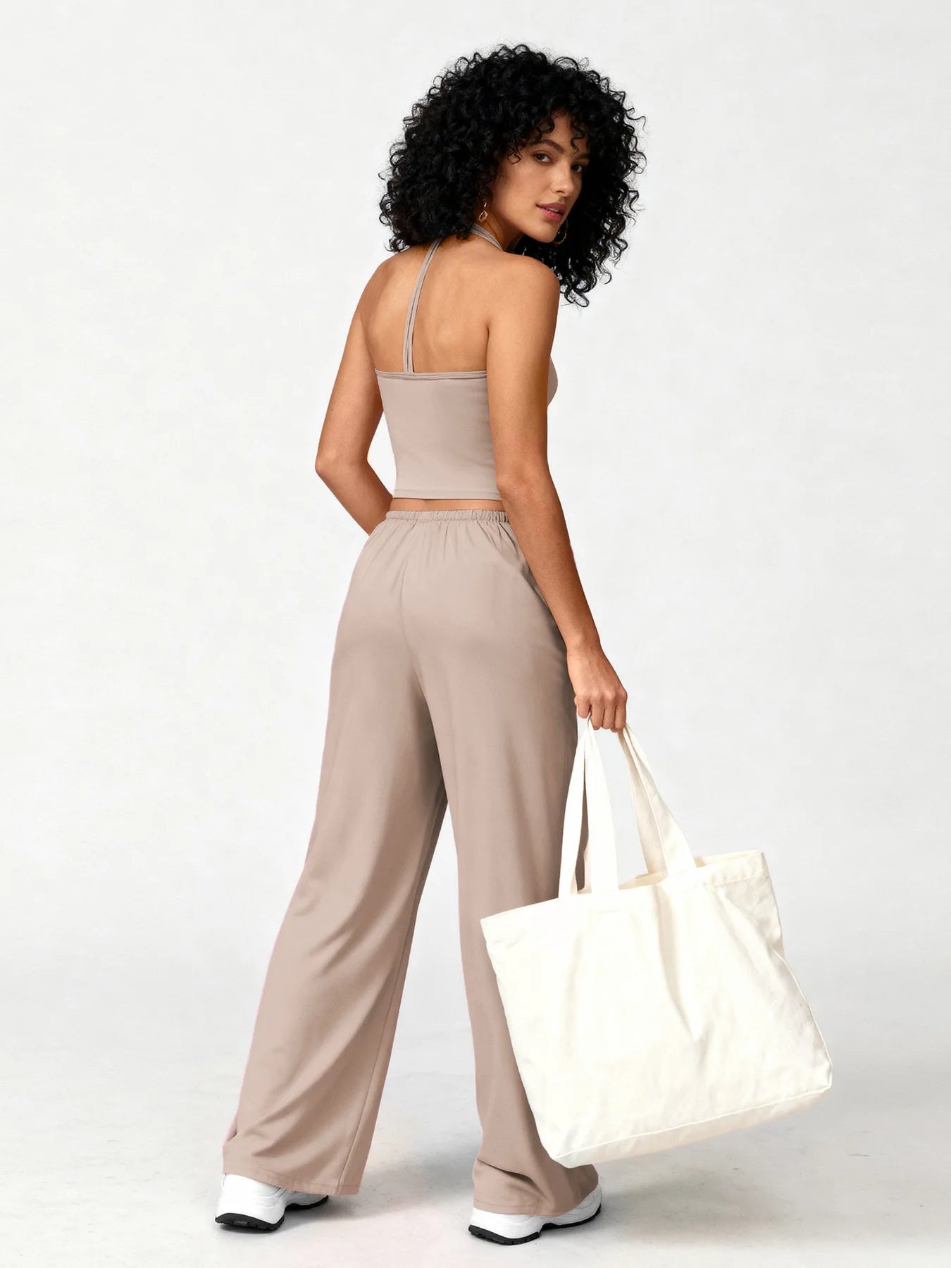 Two Piece Set With Sleek V Neck Tank Backless Detail And Wide Leg Pants