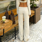 Striped Fold Over Lounge Pants For Women Wide Leg Flare Trousers Cozy Relaxed