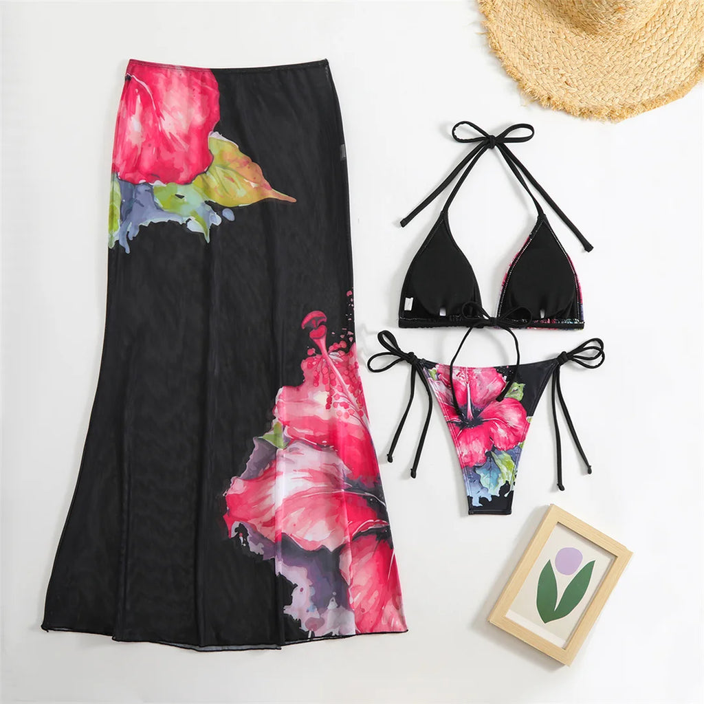 Flowers Printed With Skirt Halter Bikini Three-pieces Bikini set
