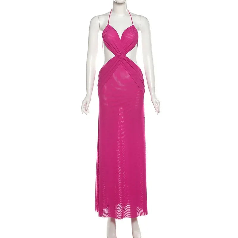 Ruched Mesh Maxi Dress With Cross See Through Halter Backless Bodice