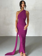 One Shoulder Backless Ruched Slim Long Dress