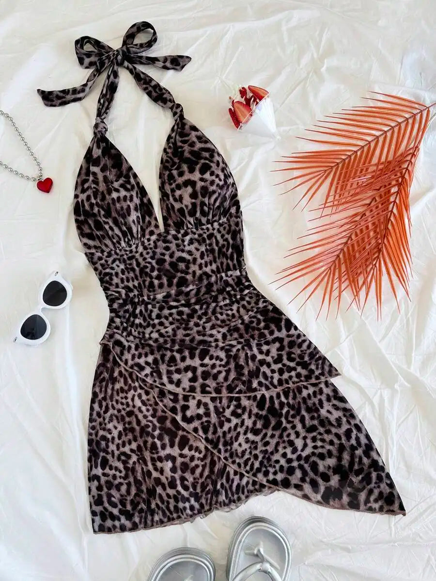 Leopard Halter Neck Mini Dress With Tie Up Front And Ruffle Hem