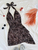 Leopard Halter Neck Mini Dress With Tie Up Front And Ruffle Hem