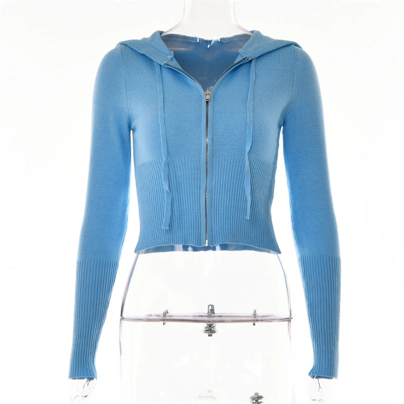 Ribbed Knit Two Piece Tracksuit Set With Hooded Crop Top And Elastic Zippered Pants