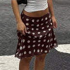 Polka Dot Satin Mesh Midi Skirt With High Waist A Line