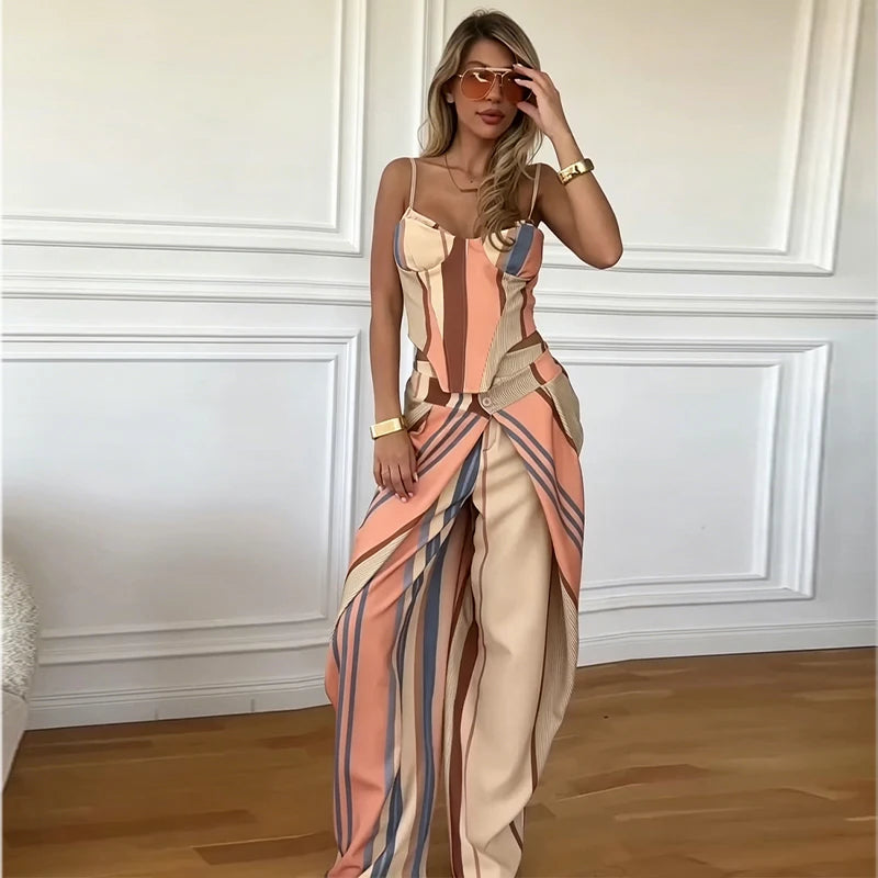 Chic Strips Pants Women Set Patchwork Slash Neck Bandage Top Pleated Asymmetry Trousers