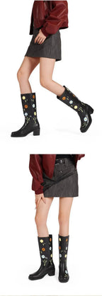 Floral Embroidered Block Heel Boots