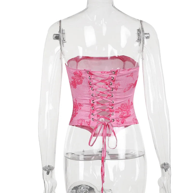 Strapless Printed Corset Top With Lace Up Details Hollow Out
