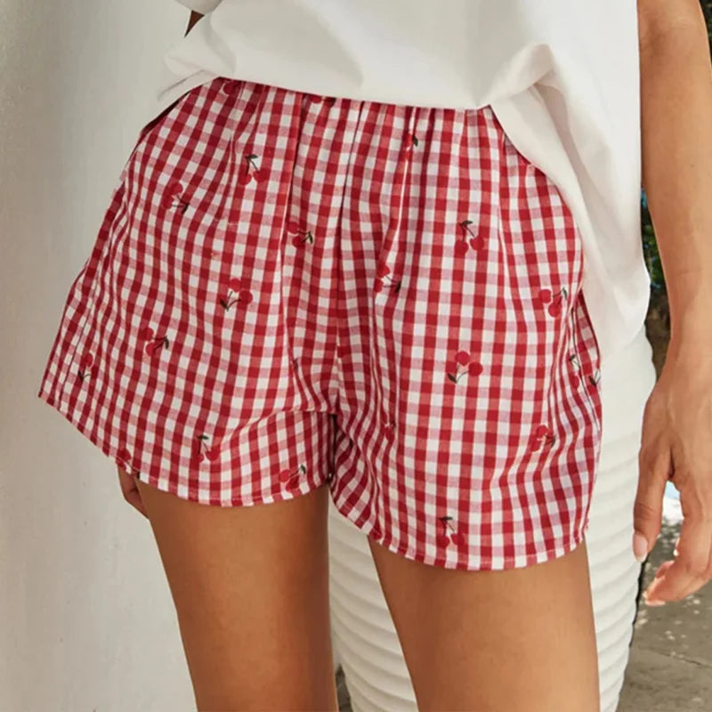 Cherry Plaid Lounge Shorts With Elastic Waistband Cute