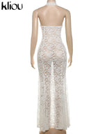 Lace Halter Long Dress Coquette Deep V Neck Ruched Trim