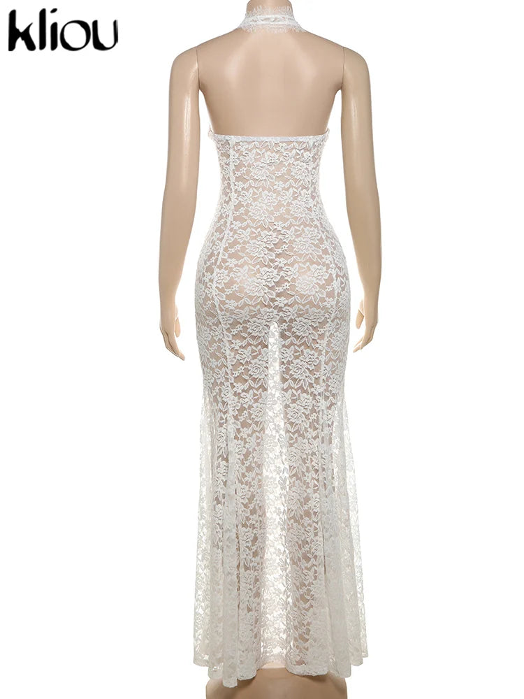 Lace Halter Long Dress Coquette Deep V Neck Ruched Trim