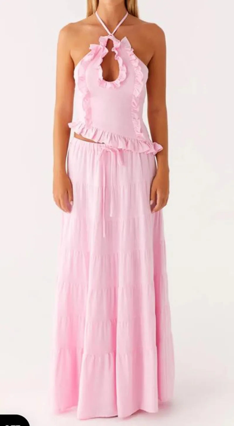Halter Crop Two Piece Maxi Skirt Set With Ruffle Tiered Flowing Silhouette