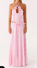 Halter Crop Two Piece Maxi Skirt Set With Ruffle Tiered Flowing Silhouette