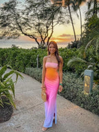 Gradient Print Backless Strapless Maxi Dress For Women Chest Wrap