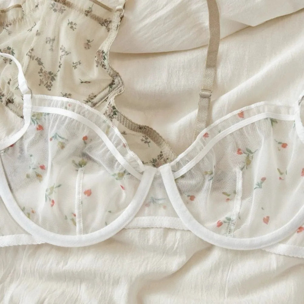 French Ultra Thin Lace Floral Lingerie Set With Plunge Mesh Bra And Matching Thong