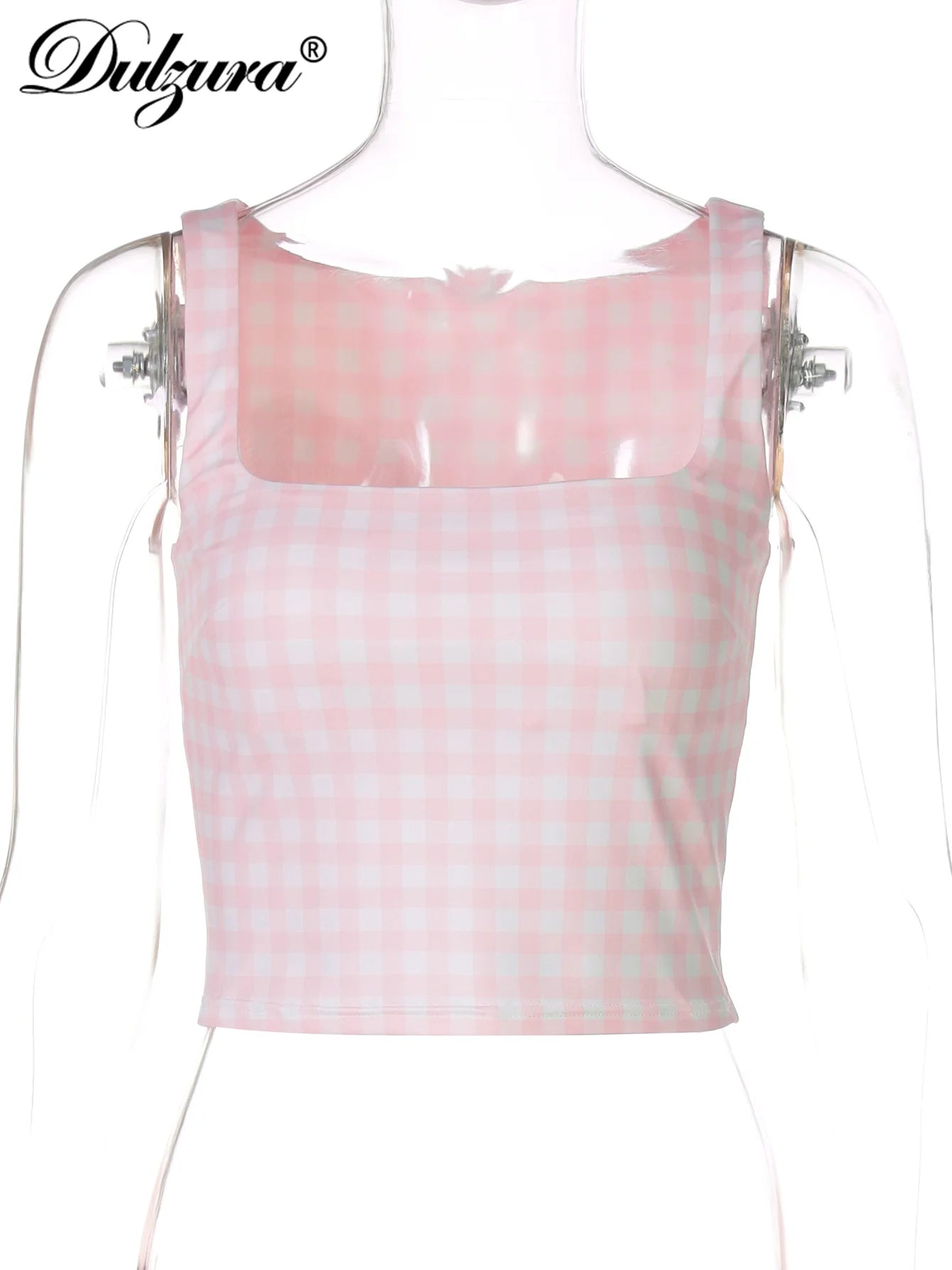 Square Collar Plaid Tank Top Sleeveless