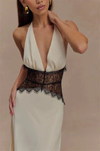 Backless Maxi Gown With Patchwork Lace Halter Neck Deep V And High Waist Elegance