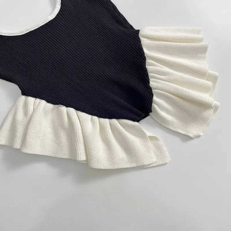 Patchwork Knit Vest Top With Ruffle Trim Summer Round Neck Sleeveless Block Color