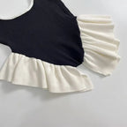 Patchwork Knit Vest Top With Ruffle Trim Summer Round Neck Sleeveless Block Color