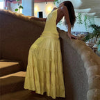 Off Shoulder Backless Evening Dress With Pleats And Ruffled Edges Diagonal Collar Floor Length